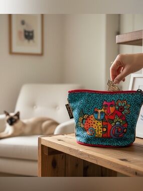 Laurel Burch kitty cat cosmetics bag with green background and black dots